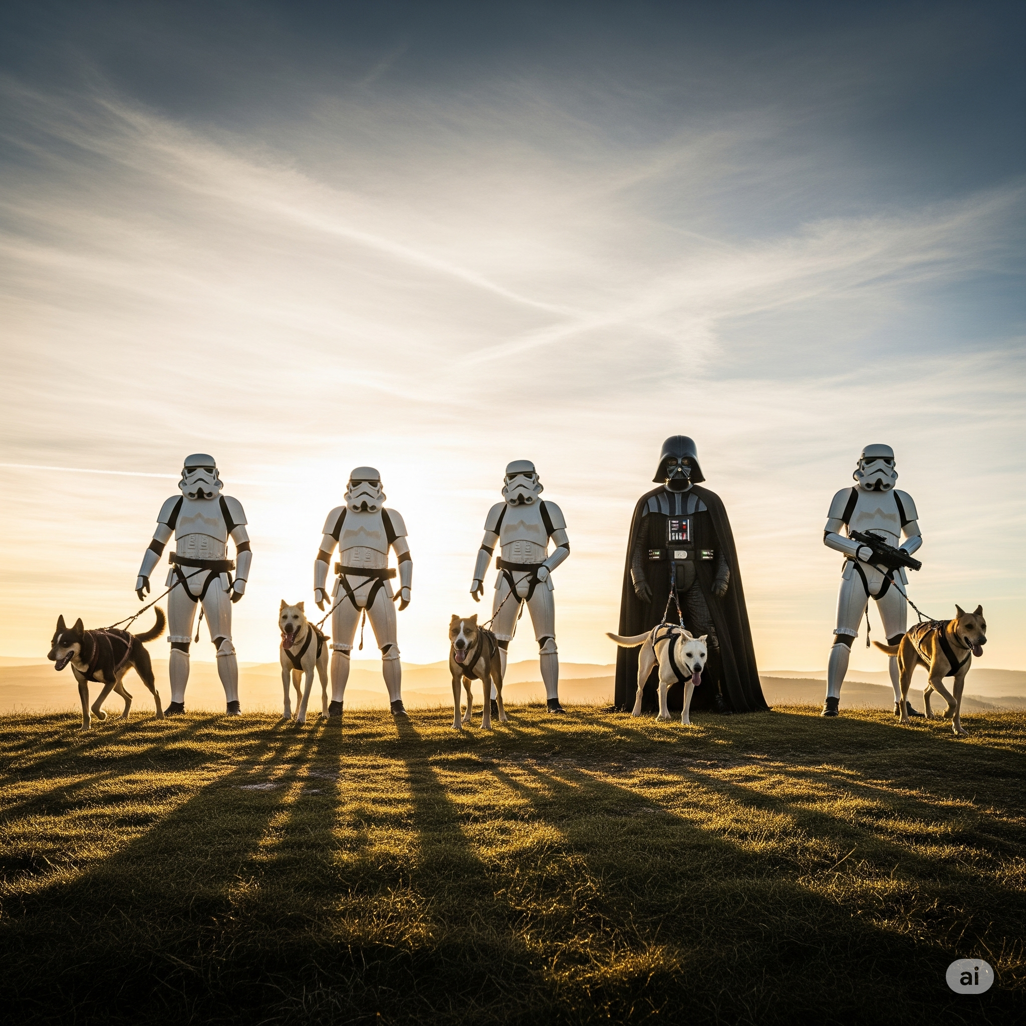 Image d'un groupe de randonneurs avec des chiens dans un paysage de campagne